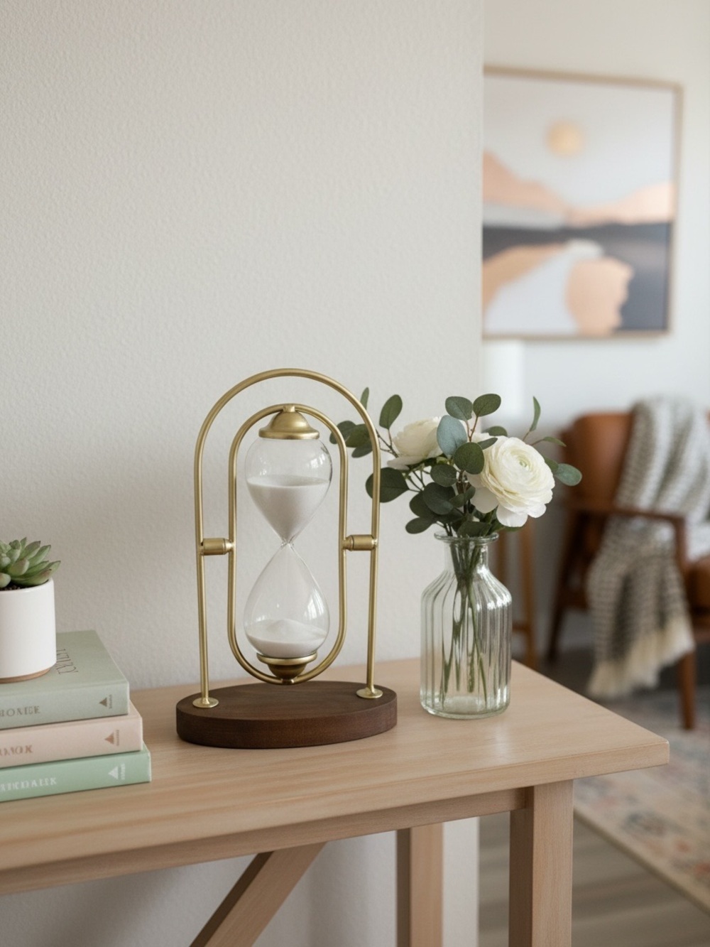 Metal Frame Hourglass with White Sand and wood base. Two minute timer- EUC